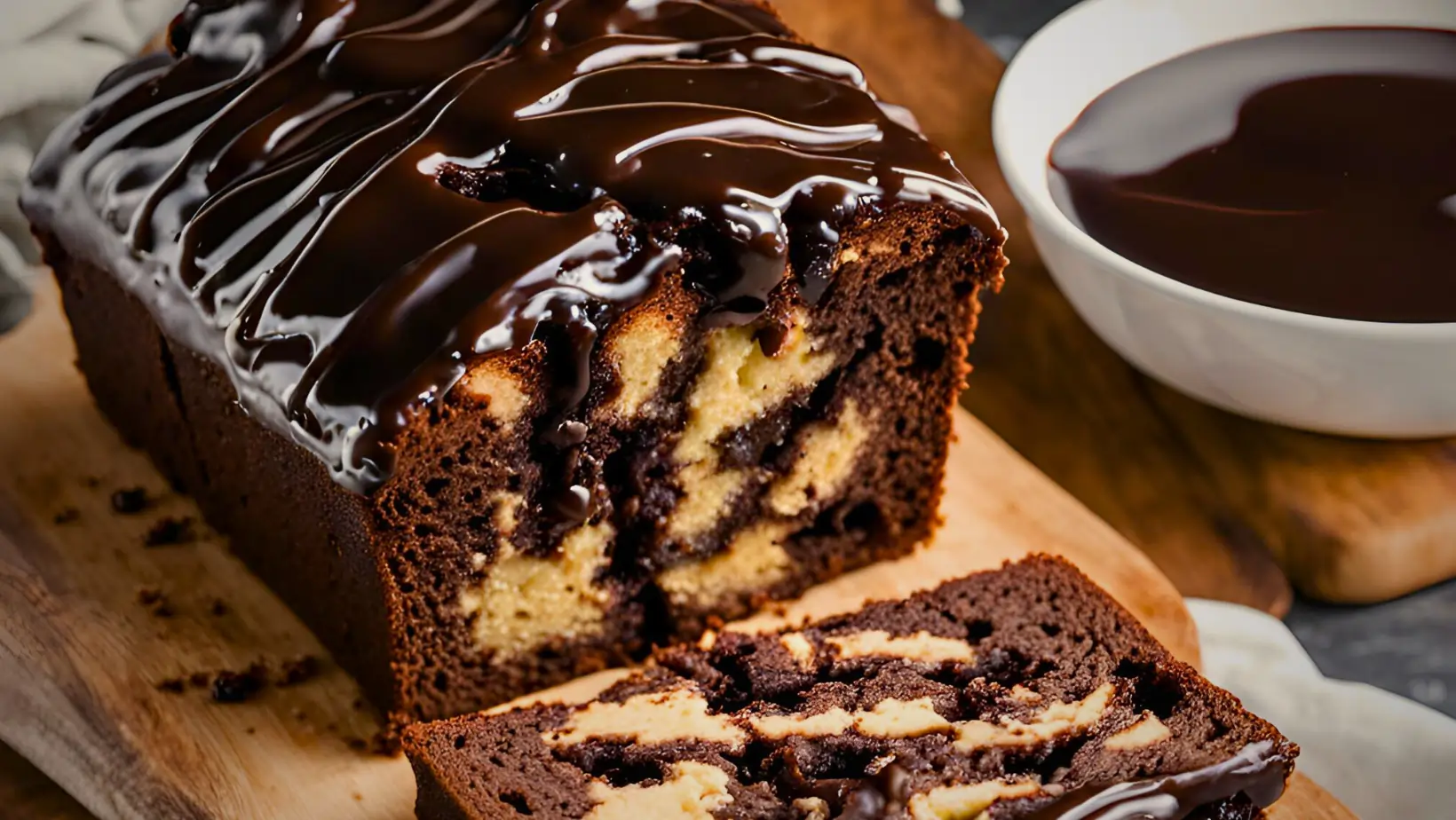 Hot fudge brownie bread with fudge drizzle on top.