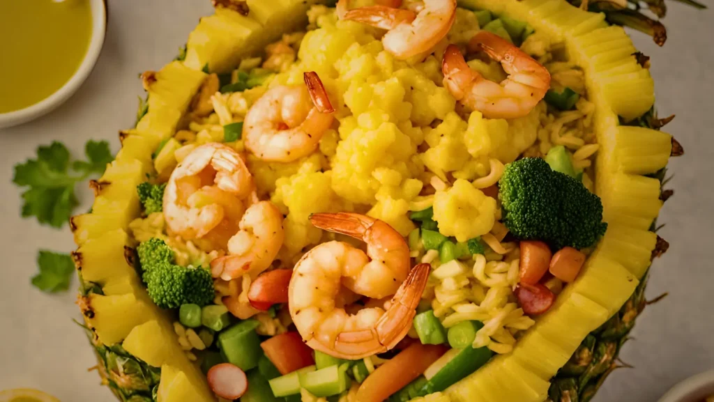 Pineapple shrimp recipe in a skillet with garnish.