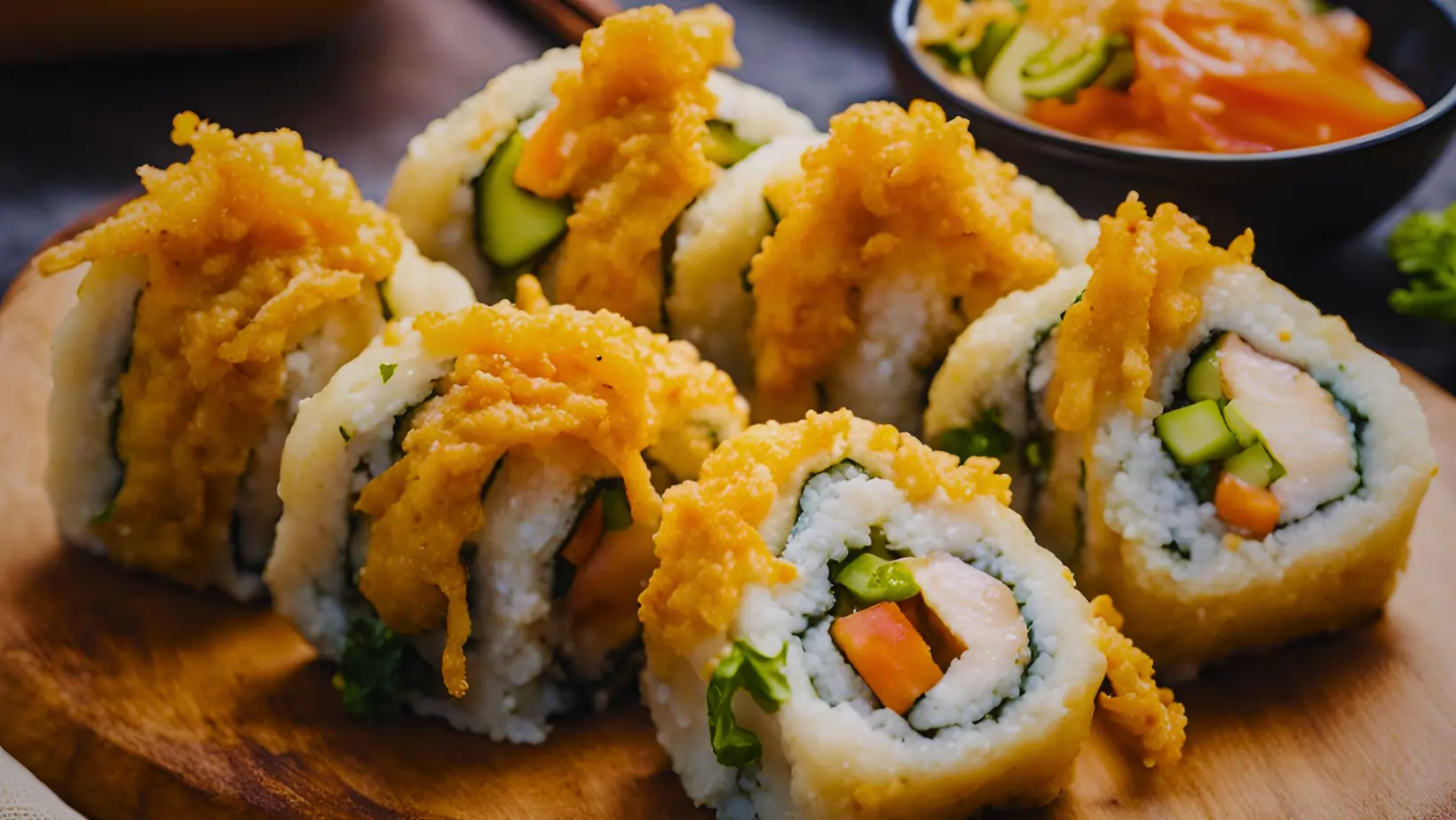 Chicken tempura roll with avocado and cucumber slices, served with soy sauce and pickled ginger.