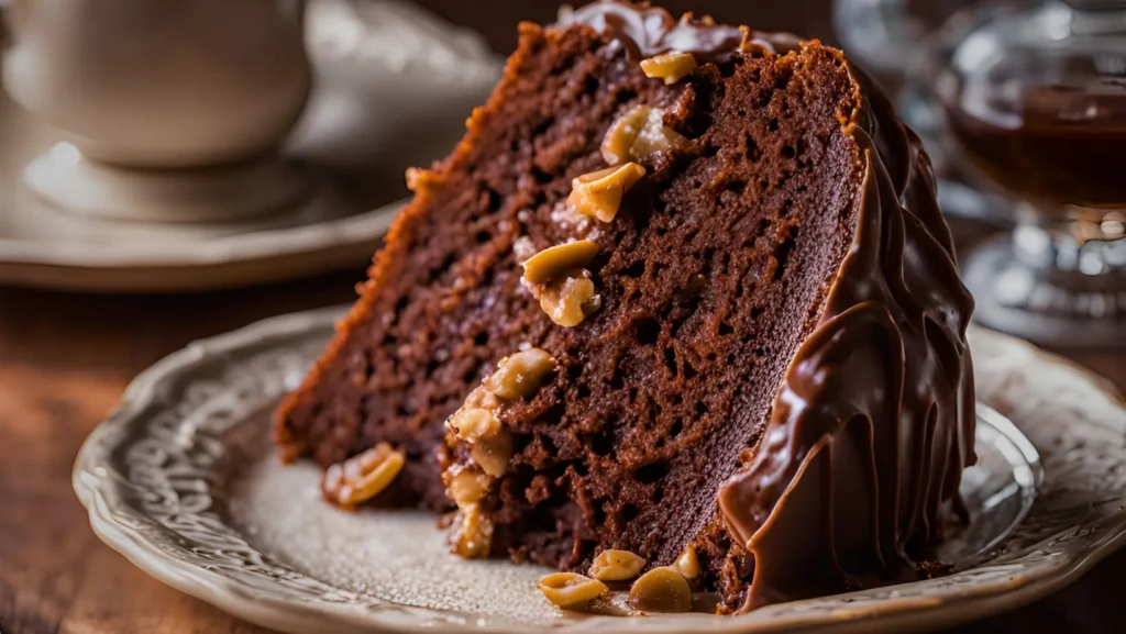 Slice of German chocolate pound cake on a plate.