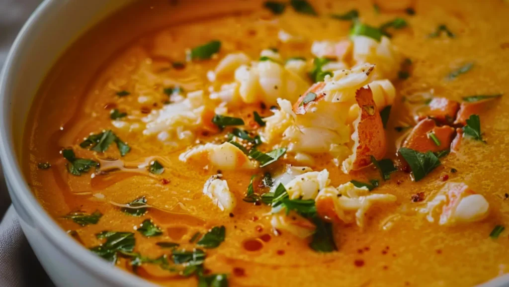 Creamy crab and shrimp bisque served with parsley garnish.