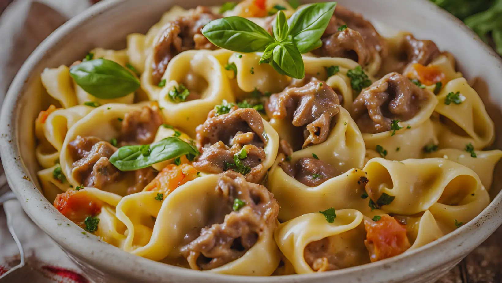 Cheese steak tortellini served in a white bowl, garnished with fresh parsley