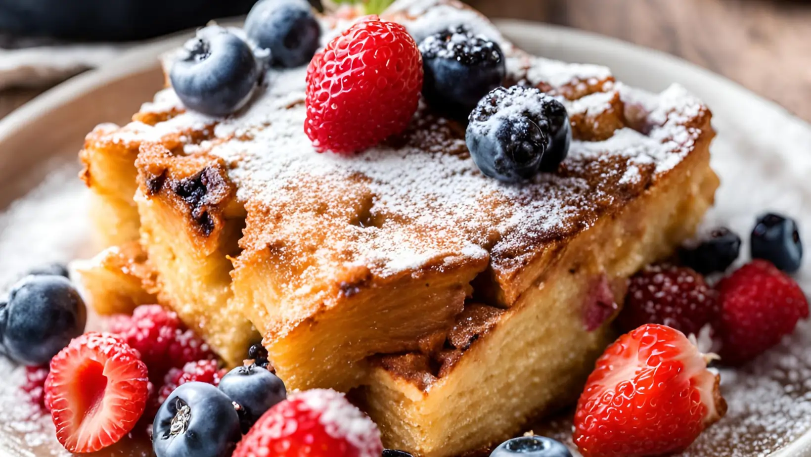 A golden-brown biscuit French toast bake topped with powdered sugar and fresh berries