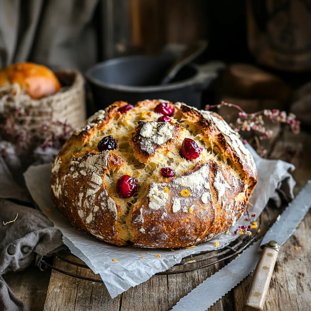 A freshly baked loaf of cranberry orange sourdough bread with a golden crust.