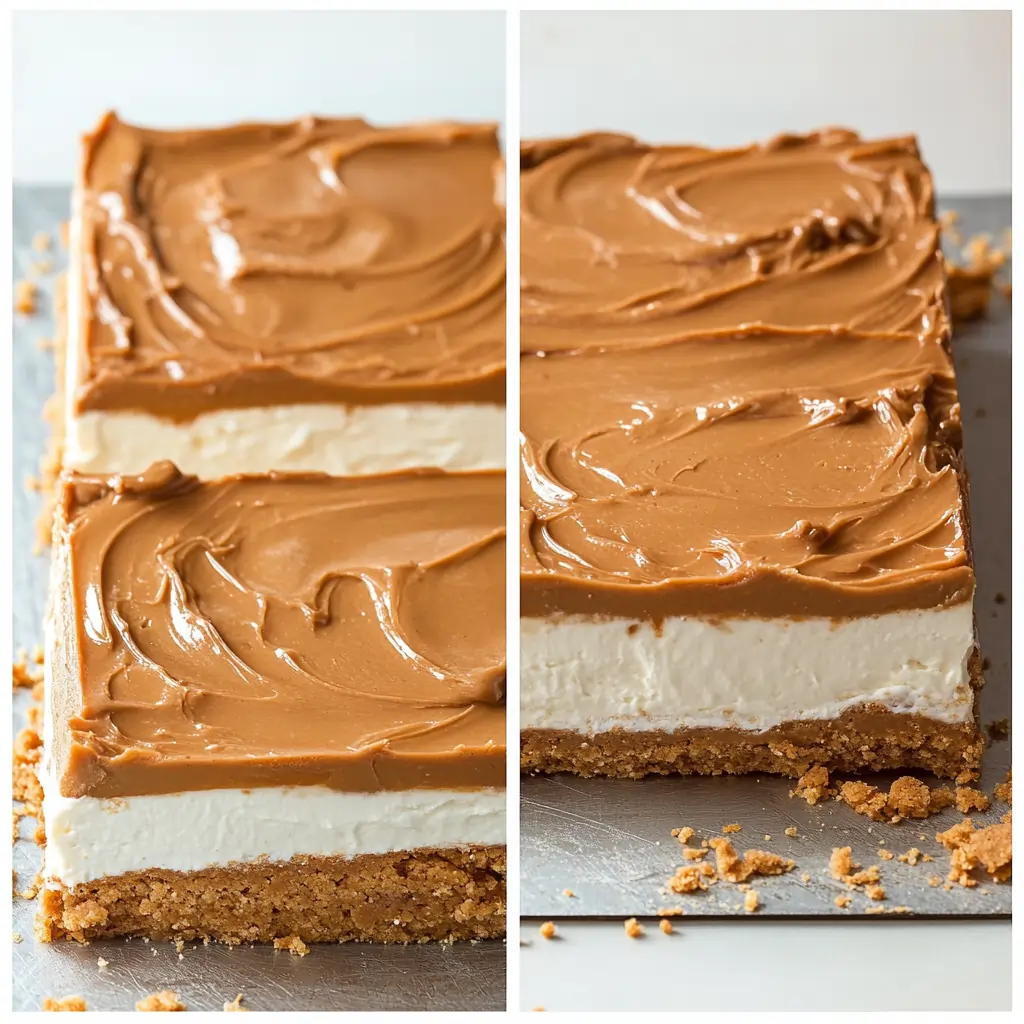 Melted Biscoff spread over the top of chilled cheesecake bars