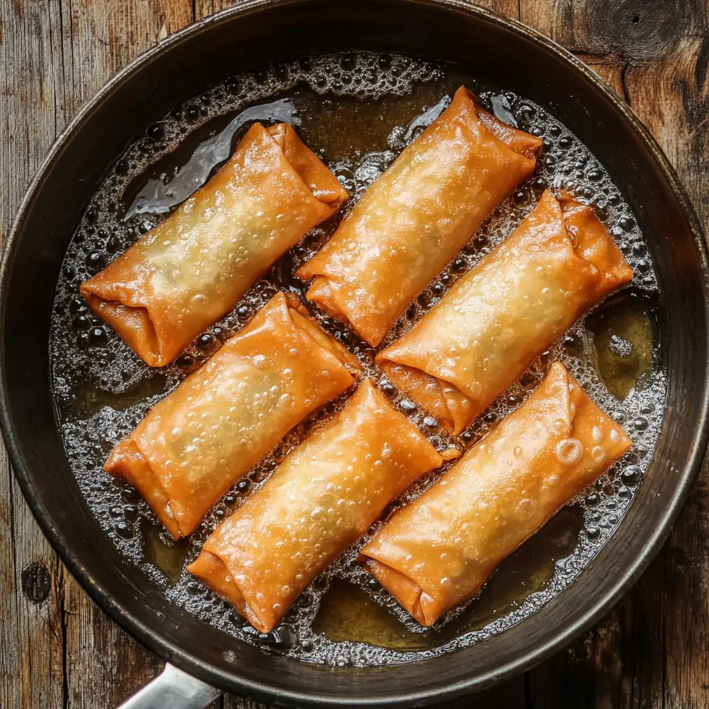 Salmon egg rolls frying in a skillet filled with hot oil, turning golden brown.