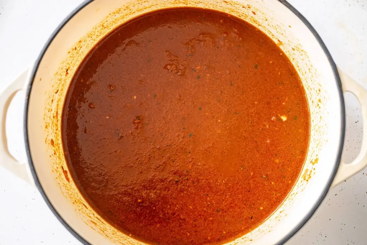 A thick tomato-based broth simmering in a large Dutch oven for gluten-free chicken tortilla soup.