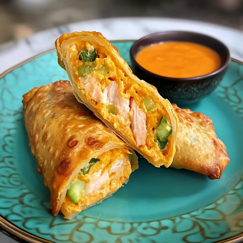 Golden and crispy salmon egg rolls, halved to show a creamy salmon and vegetable filling, served with orange dipping sauce on a teal plate.