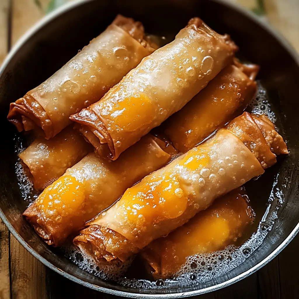 Peach cobbler egg rolls frying in a deep skillet filled with hot oil, turning golden brown.