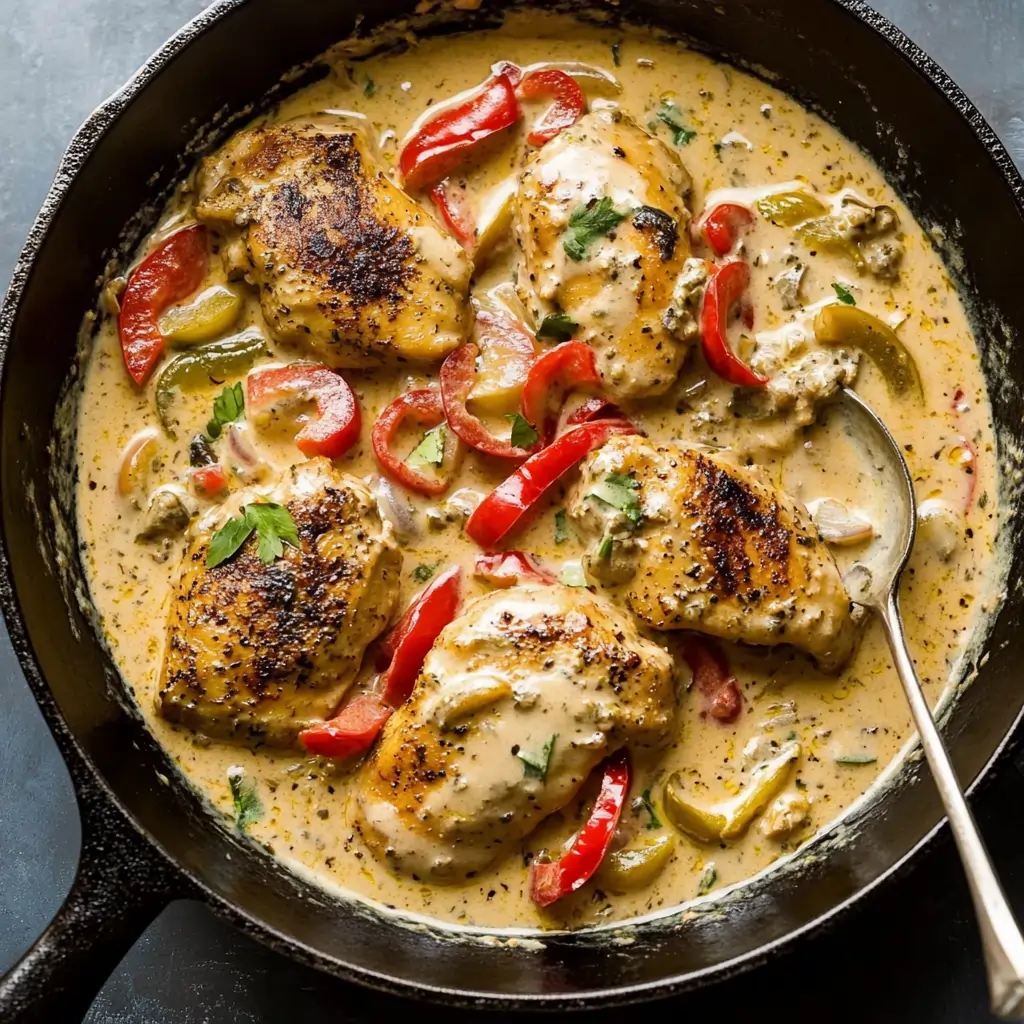 A plate of creamy pepperoncini chicken served with rice, garnished with fresh parsley and sliced pepperoncini.