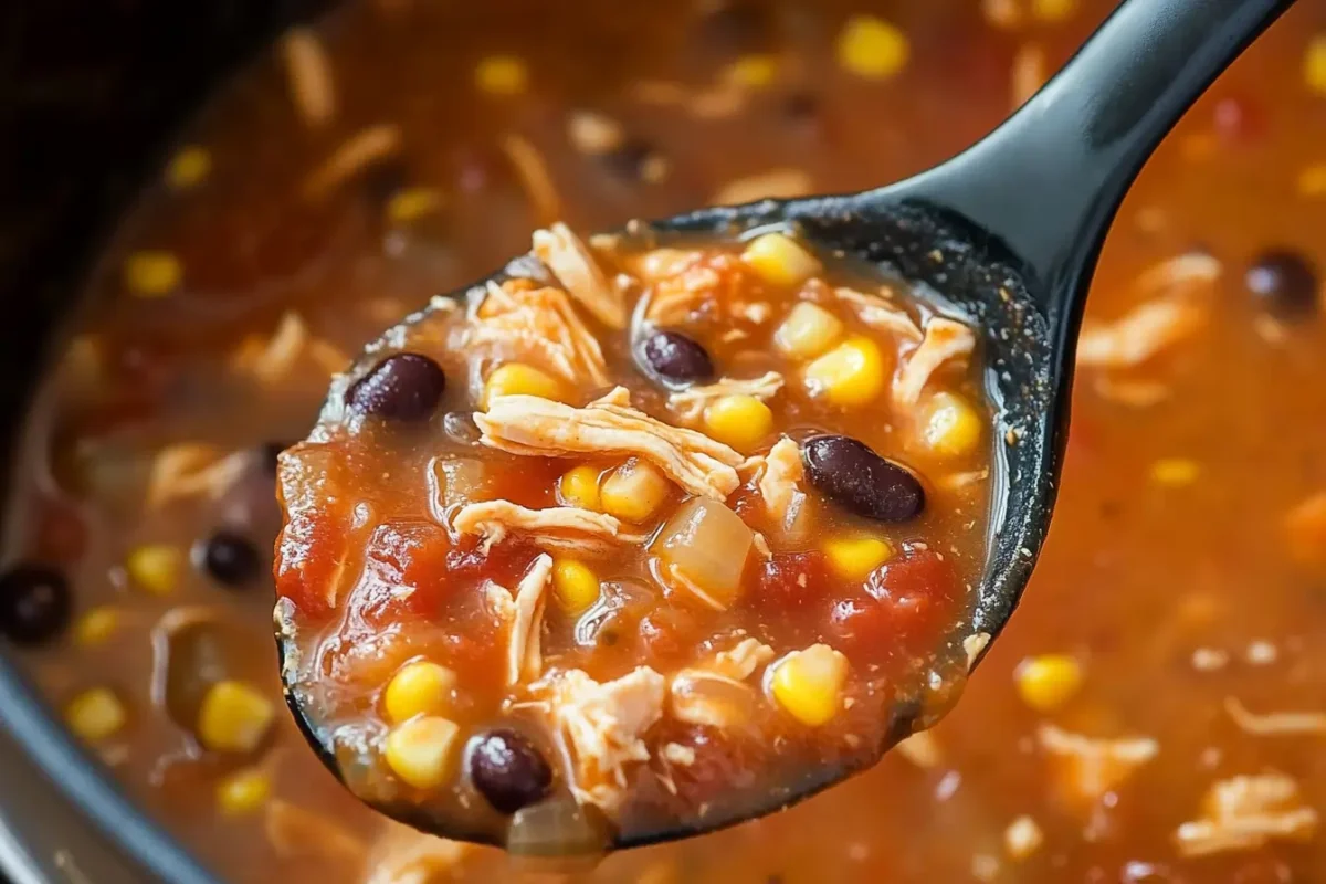 A ladle filled with gluten-free chicken tortilla soup, showing shredded chicken, beans, and corn.