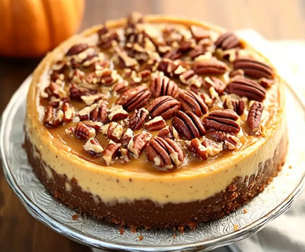 Pecan Pie Pumpkin Cheesecake topped with caramelized pecans