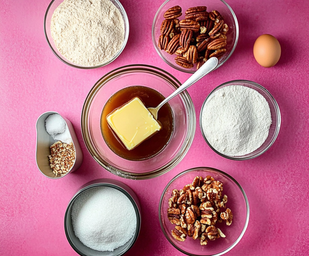 A top-down view of baking ingredients for brown butter pecan cookies, including a bowl of golden brown butter, flour, sugars, pecans, an egg, vanilla extract, and leavening agents, arranged on a bold pink background.