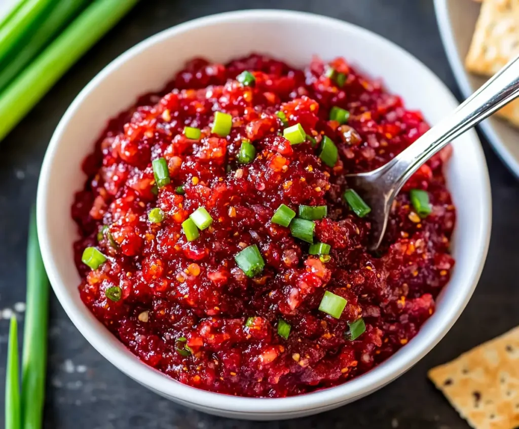 A top-down view of a white plate filled with homemade cranberry relish, garnished with sliced green onions, served on a dark countertop with crackers in the background.