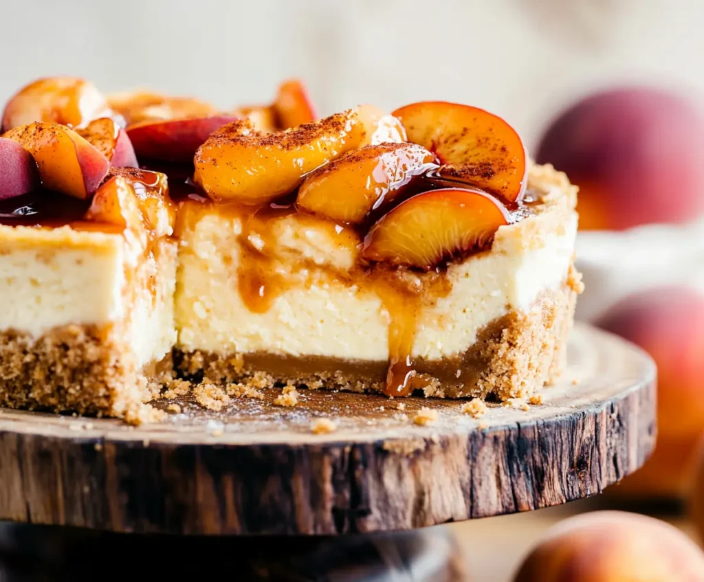 Peach cobbler cheesecake topped with juicy peaches and cinnamon.