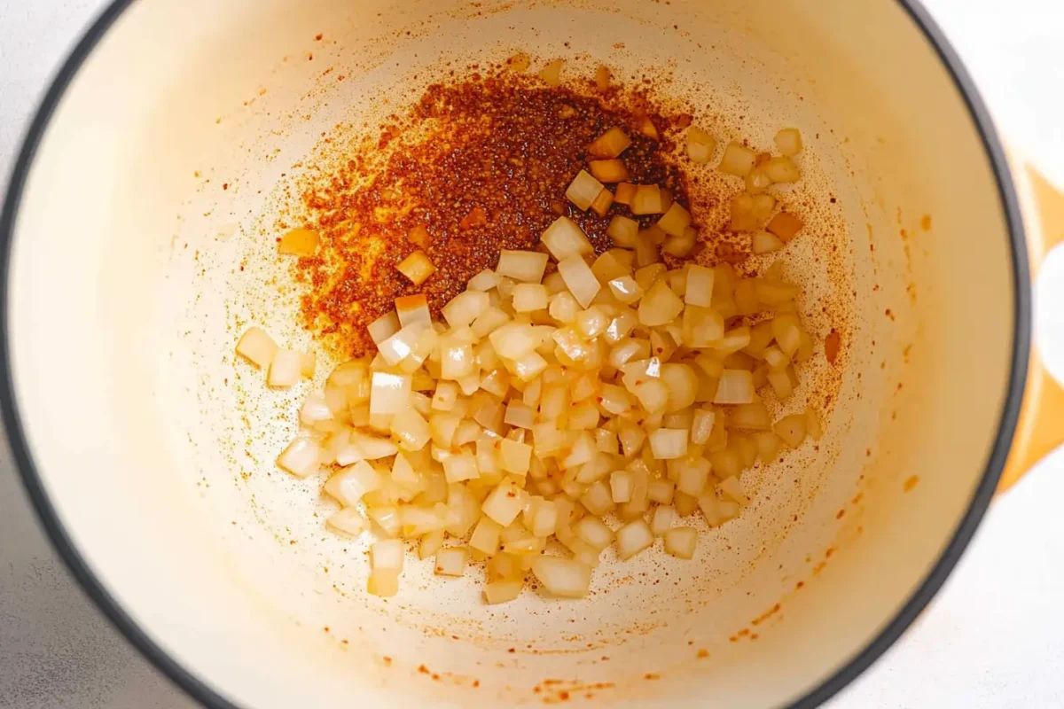 Diced onions sautéed with spices in a large Dutch oven for chicken tortilla soup.