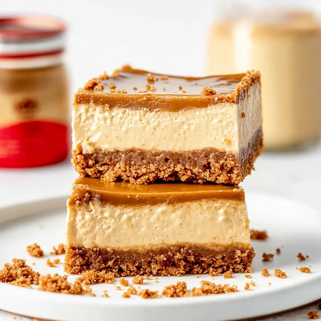 A plate of Biscoff cheesecake bars with a creamy cheesecake layer, buttery crust, and Biscoff topping, garnished with crushed cookies.