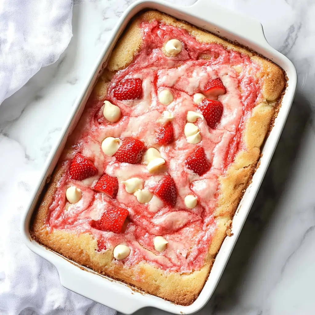 A slice of strawberry earthquake cake showing gooey cream cheese swirls, coconut, and white chocolate toppings.