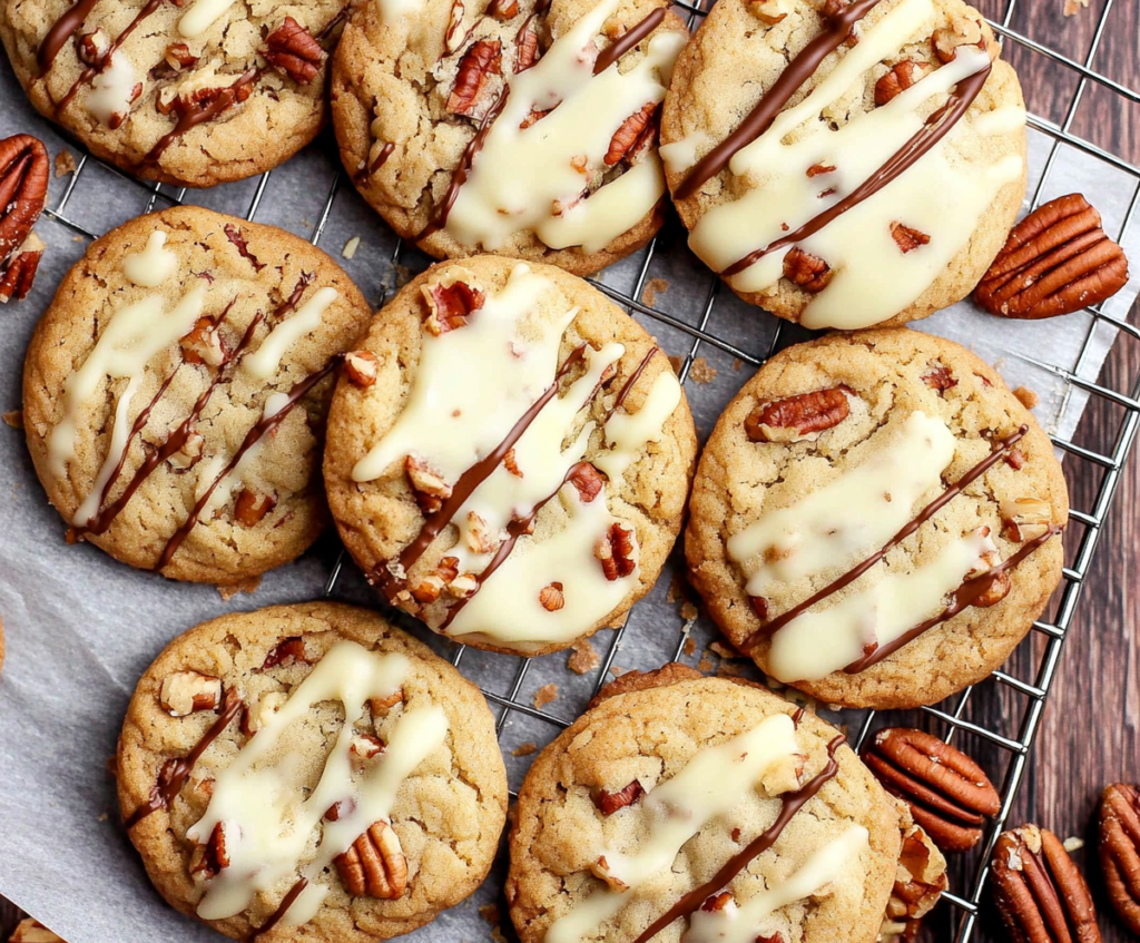 A batch of golden-brown butter pecan cookies, some dipped in white chocolate and drizzled with more chocolate, sprinkled with chopped pecans, arranged on a cooling rack with whole pecans scattered around.