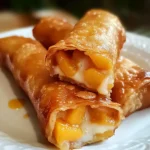 A stack of golden, crispy peach cobbler egg rolls on a plate, dusted with powdered sugar and served with a side of caramel sauce.