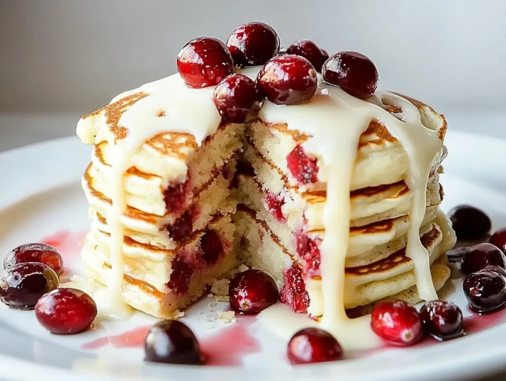 A stack of fluffy white chocolate chip pancakes topped with whipped cream, fresh strawberries, and a drizzle of caramel sauce.