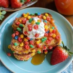 A plate of vibrant Fruity Pebbles French Toast topped with whipped cream and fresh strawberries.