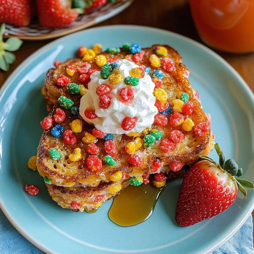 A plate of vibrant Fruity Pebbles French Toast topped with whipped cream and fresh strawberries.