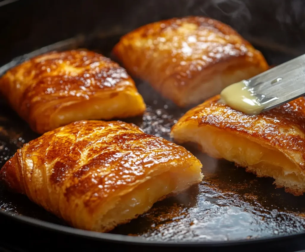 Golden-brown croissant slices cooking on a nonstick griddle with a spatula flipping one slice.