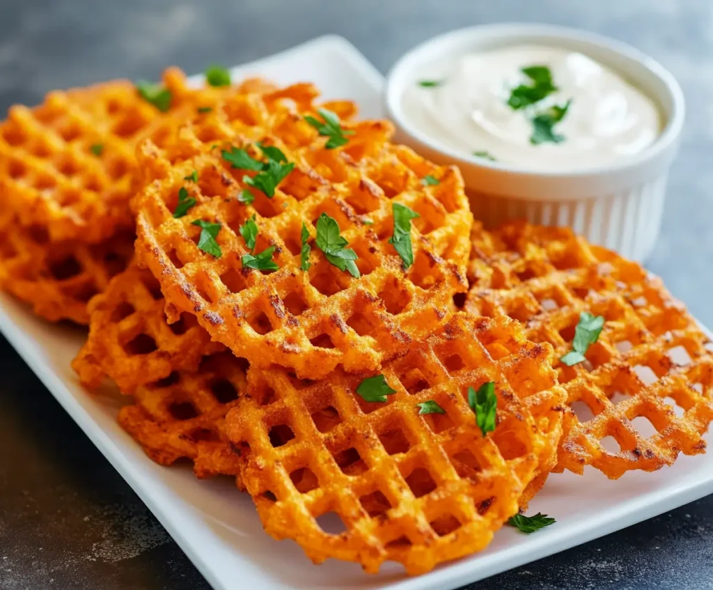 Sweet potato waffle fries fresh out of the oven, arranged on a baking sheet with golden, crispy edges.