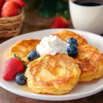 A plate of Biscuit French Toast garnished with fresh blueberries, strawberries, and whipped cream.