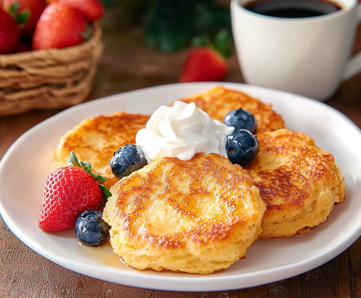 A plate of Biscuit French Toast garnished with fresh blueberries, strawberries, and whipped cream.