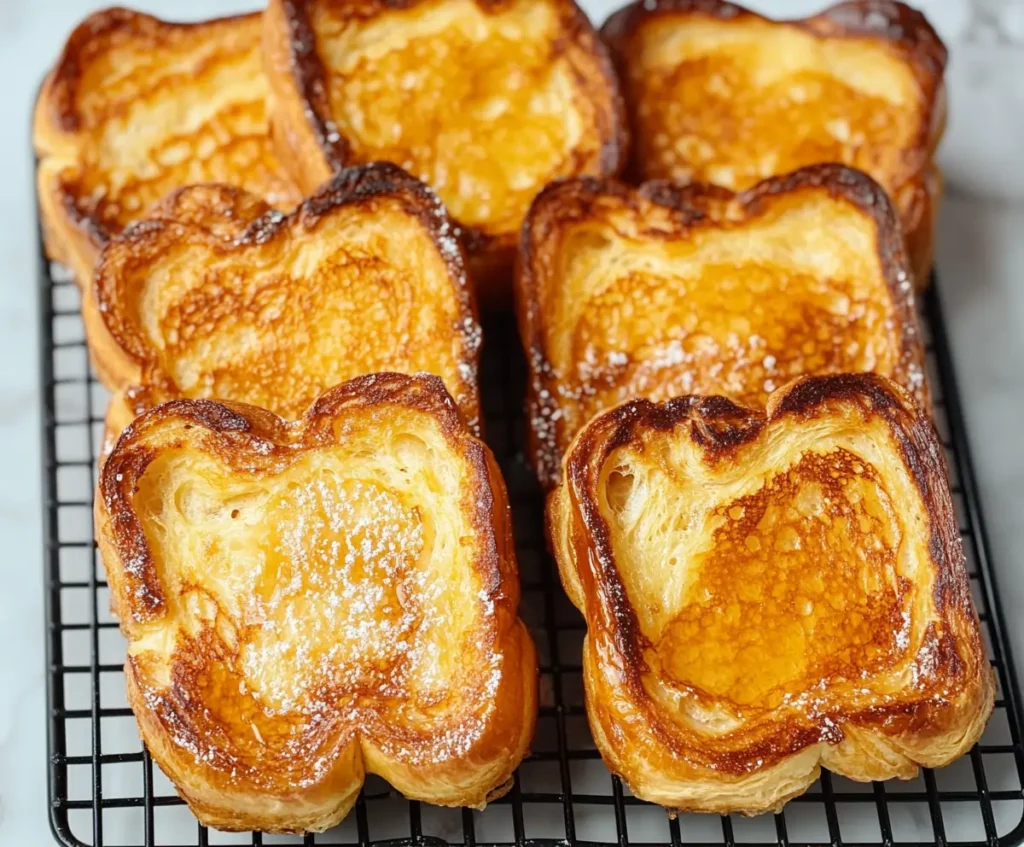 Golden croissant bread French toast slices arranged neatly on a black wire rack over a tray.