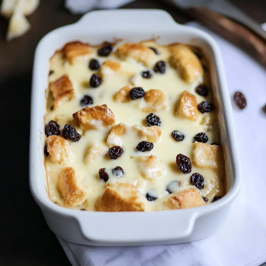 Freshly baked sourdough bread pudding in a white ceramic dish, golden-brown with visible raisins and a dusting of powdered sugar.