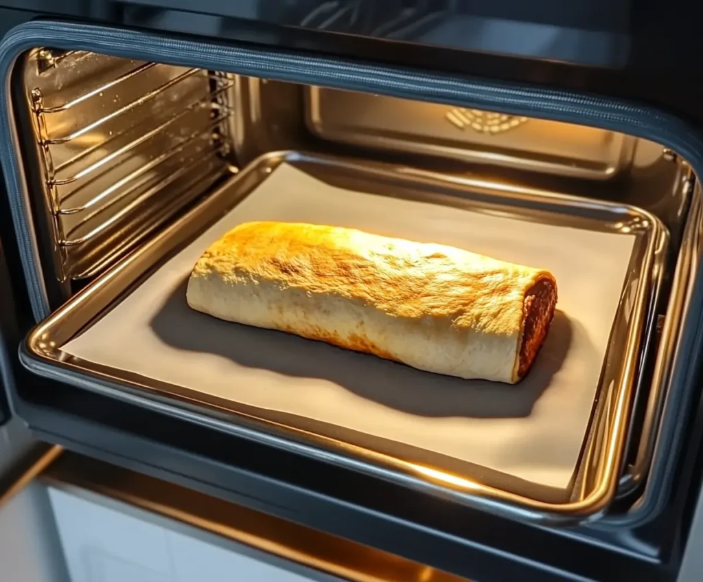 Sourdough pepperoni roll placed on a baking sheet lined with a silicone mat inside a preheated oven.