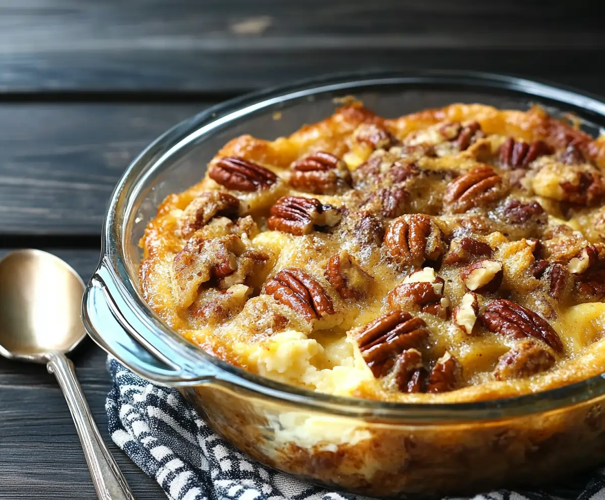 Freshly baked pecan pie bread pudding in a white baking dish, topped with caramelized pecans and a golden-brown crust.