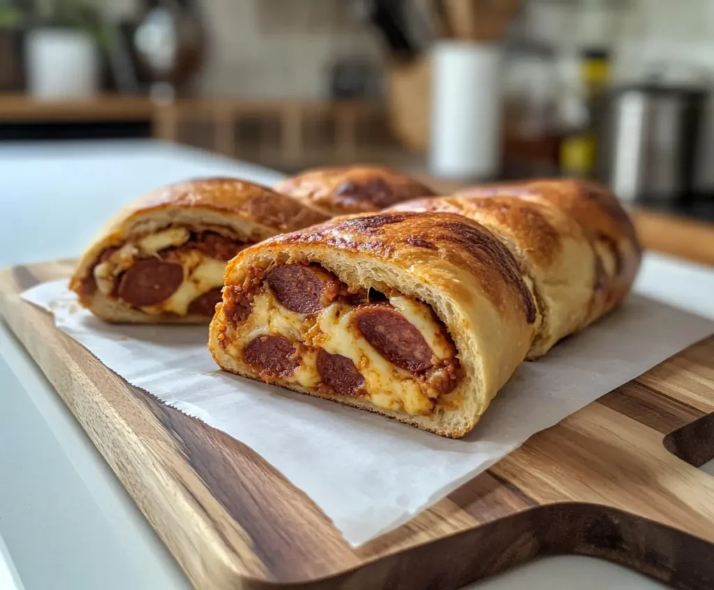 Sourdough pepperoni roll placed on a baking sheet