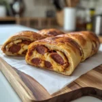 Sourdough pepperoni roll placed on a baking sheet