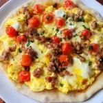 Freshly baked flatbread breakfast pizza with scrambled eggs, turkey sausage, cherry tomatoes, spinach, and melted cheese on a white plate.