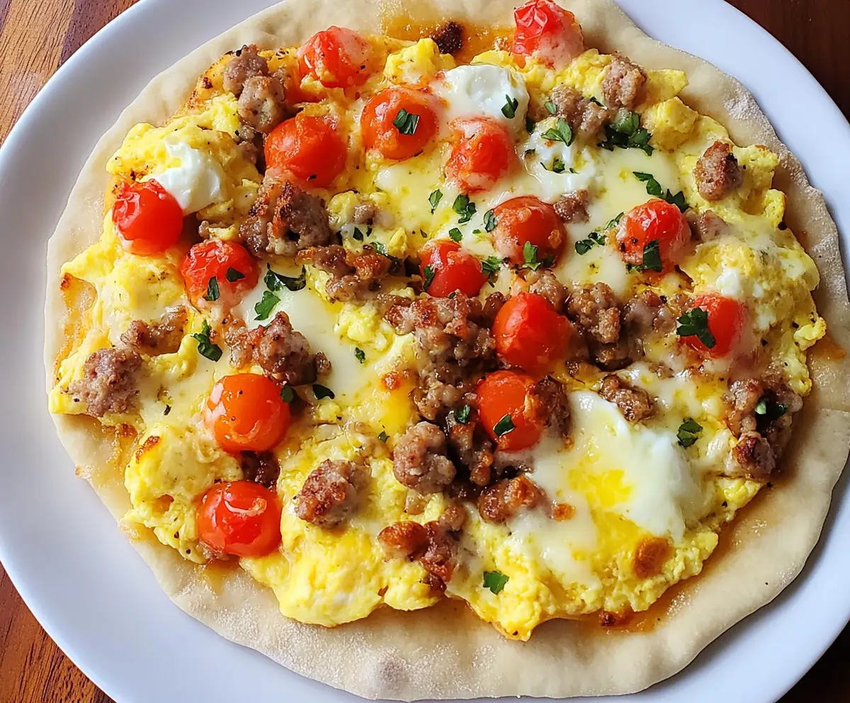 Freshly baked flatbread breakfast pizza with scrambled eggs, turkey sausage, cherry tomatoes, spinach, and melted cheese on a white plate.