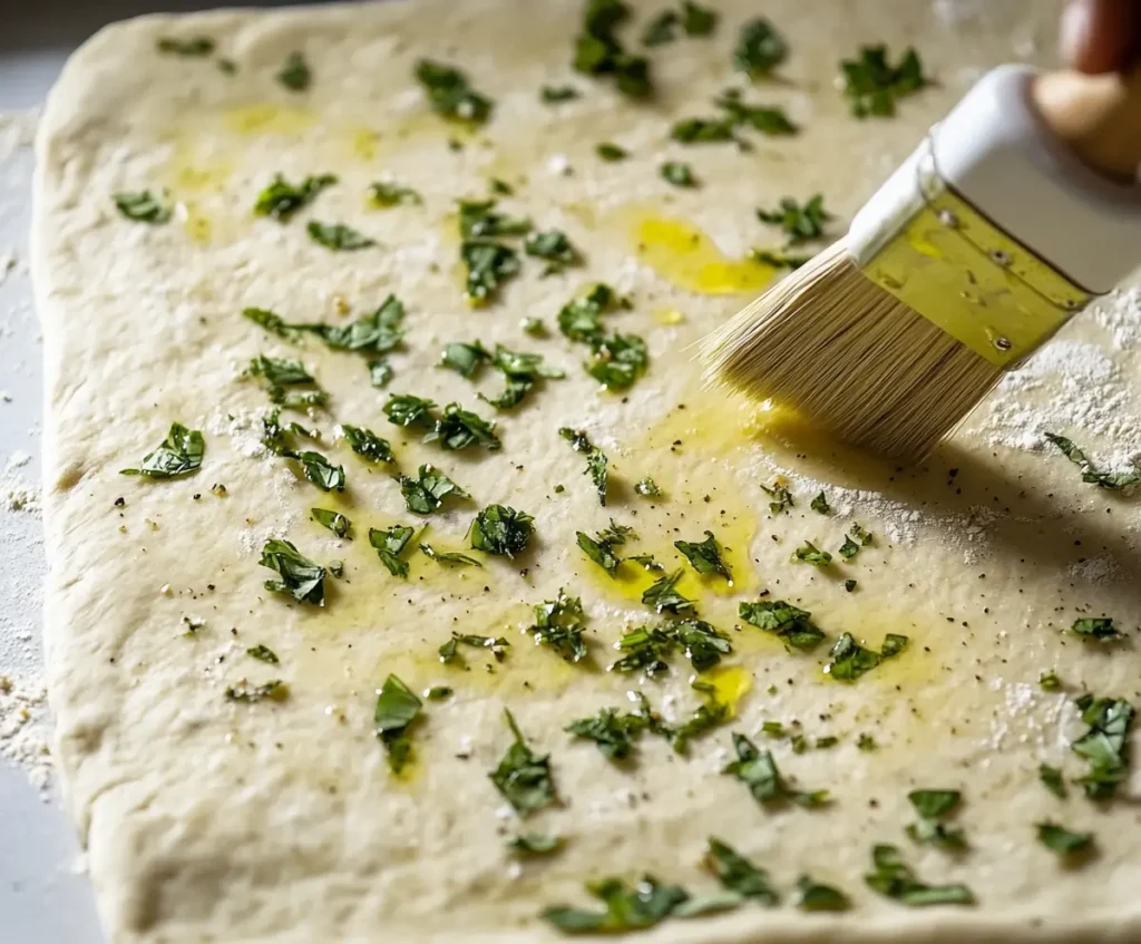 Close-up of sourdough dough brushed with olive oil and scattered with chopped fresh herbs on a white countertop.