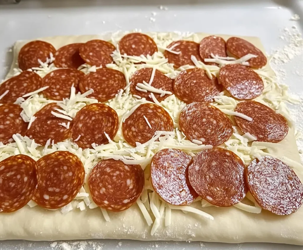 Sourdough dough layered with shredded mozzarella cheese and evenly placed slices of halal beef pepperoni.