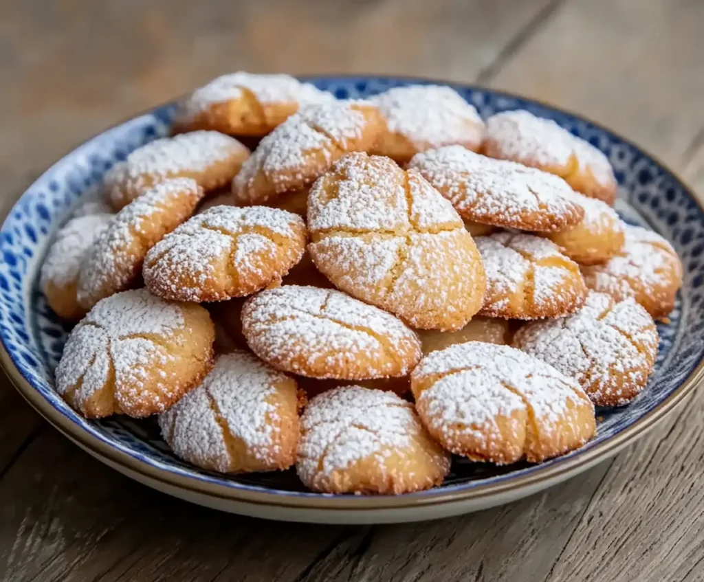 A batch of freshly baked Ricciarelli Honey cookies cooling on a wire rack, dusted with powdered sugar. The cookies have a crisp, cracked surface with a golden almond-infused interior peeking through, served on a rustic wooden background.