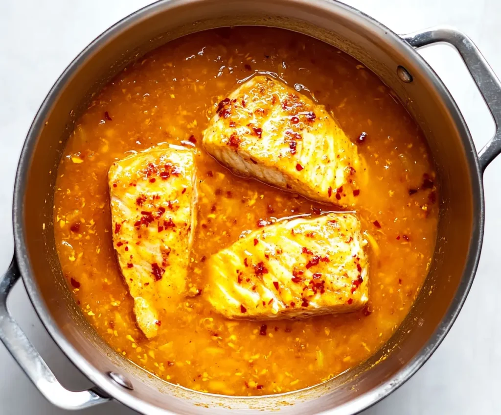 A pot of Honeynut Squash Congee with fish fillets gently poaching in the broth, coated in chili oil.