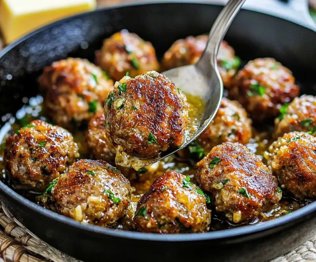 Perfectly cooked garlic butter meatballs with a crispy golden brown crust, coated in a rich garlic butter sauce, garnished with fresh parsley, and served in a black cast-iron skillet on a rustic wooden surface.