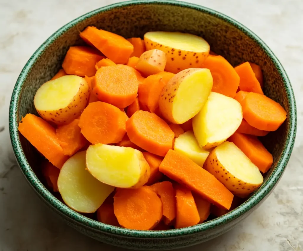 Diced carrots and halved potatoes arranged in a green-edged speckled bowl, ready to be cooked. The carrots are bright orange, and the potatoes are cut into wedges, both showcasing their fresh and vibrant colors.