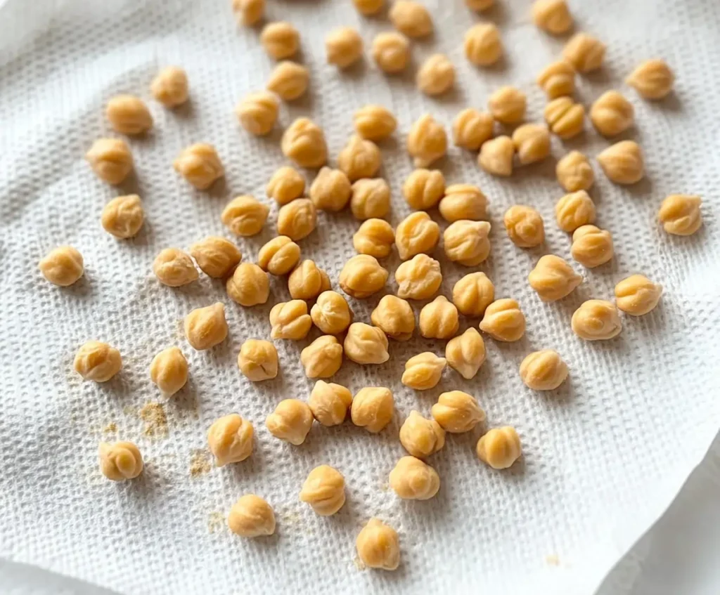 A close-up of crispy chickpeas seasoned with spices like za'atar and chili flakes, showing their golden brown texture