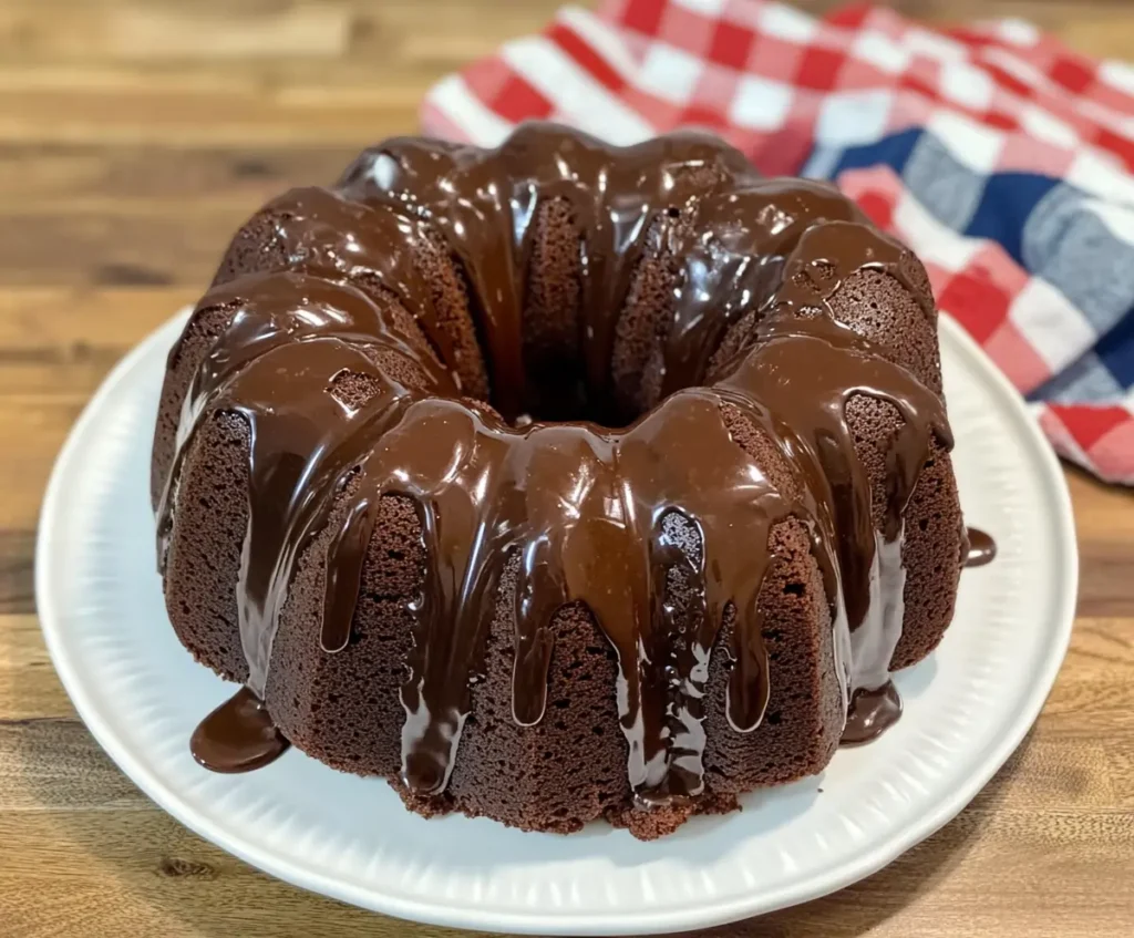 A rich, deep brown Chocolate Pound Cake with a smooth surface, cooling on a white plate after baking.