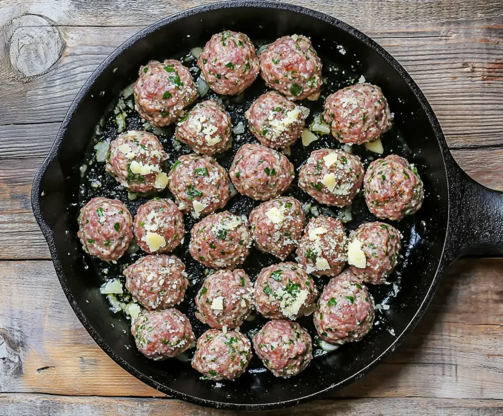 Freshly shaped raw garlic butter meatballs arranged in a black cast-iron skillet on a rustic wooden surface, ready for cooking.