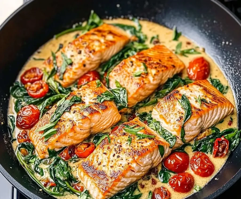 Golden-brown seared salmon fillets are nestled in a rich, creamy garlic butter sauce with sun-dried tomatoes, cherry tomatoes, and fresh spinach in a black non-stick skillet.