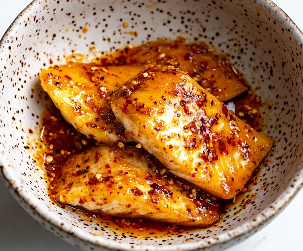 A bowl of fish fillets coated in a spicy chili oil marinade, ready for cooking.